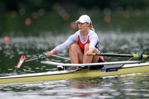 Jeannine Gmelin from Switzerland in action during the Women Single Sculls at the rowing World Cup on Lake Rotsee in Lucerne, Switzerland, Friday, July 11, 2014. (KEYSTONE/Urs Flueeler)