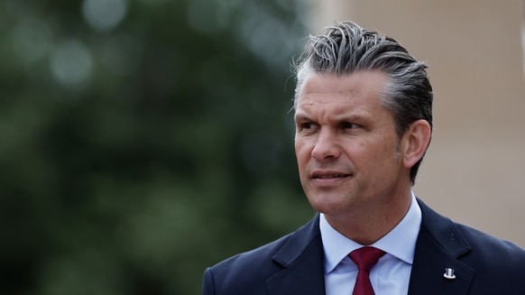 U.S. Defense Secretary Pete Hegseth delivers a speech at the US cemetery to commemorate the 82nd anniversary of the D-Day landings, in Colleville-sur-Mer, Normandy, France, Saturday, June 6, 2026. (AP ...