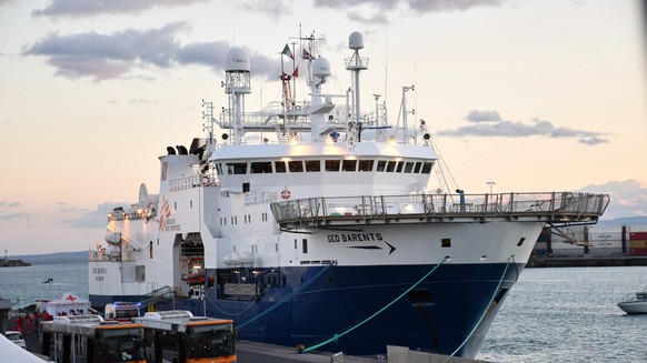 epa10290818 The Geo Barents, search and rescue ship of Doctors Without Borders with 572 people on board, in the port of Catania, Sicily Island, southern Italy, 06 November 2022. The ship, as reported  ...
