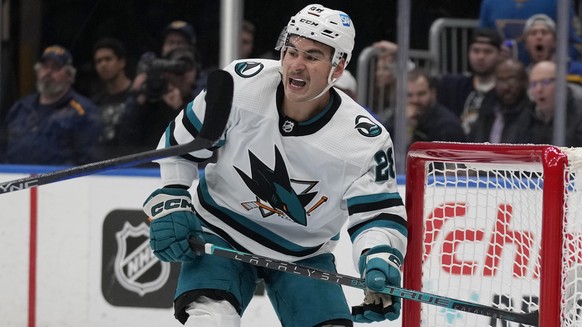 San Jose Sharks' Timo Meier (28) celebrates after scoring past St. Louis Blues goaltender Jordan Binnington (50) during the first period of an NHL hockey game Thursday, Nov. 10, 2022, in St. Louis. (A ...