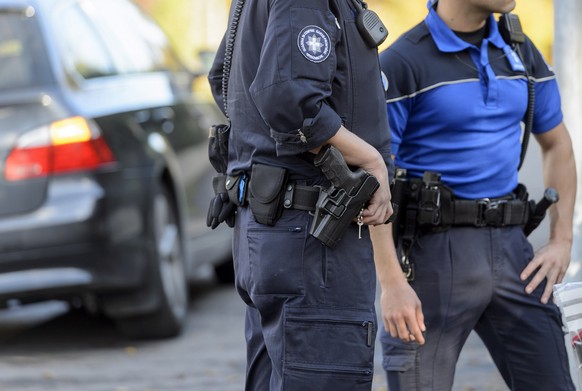 Garde-frontiere et policier effectuent un controle sur un vehicule, lors d&#039;un operation anti-contrebande aux postes frontieres du canton de Geneve avec la collaboration de la police genevoise, ce ...