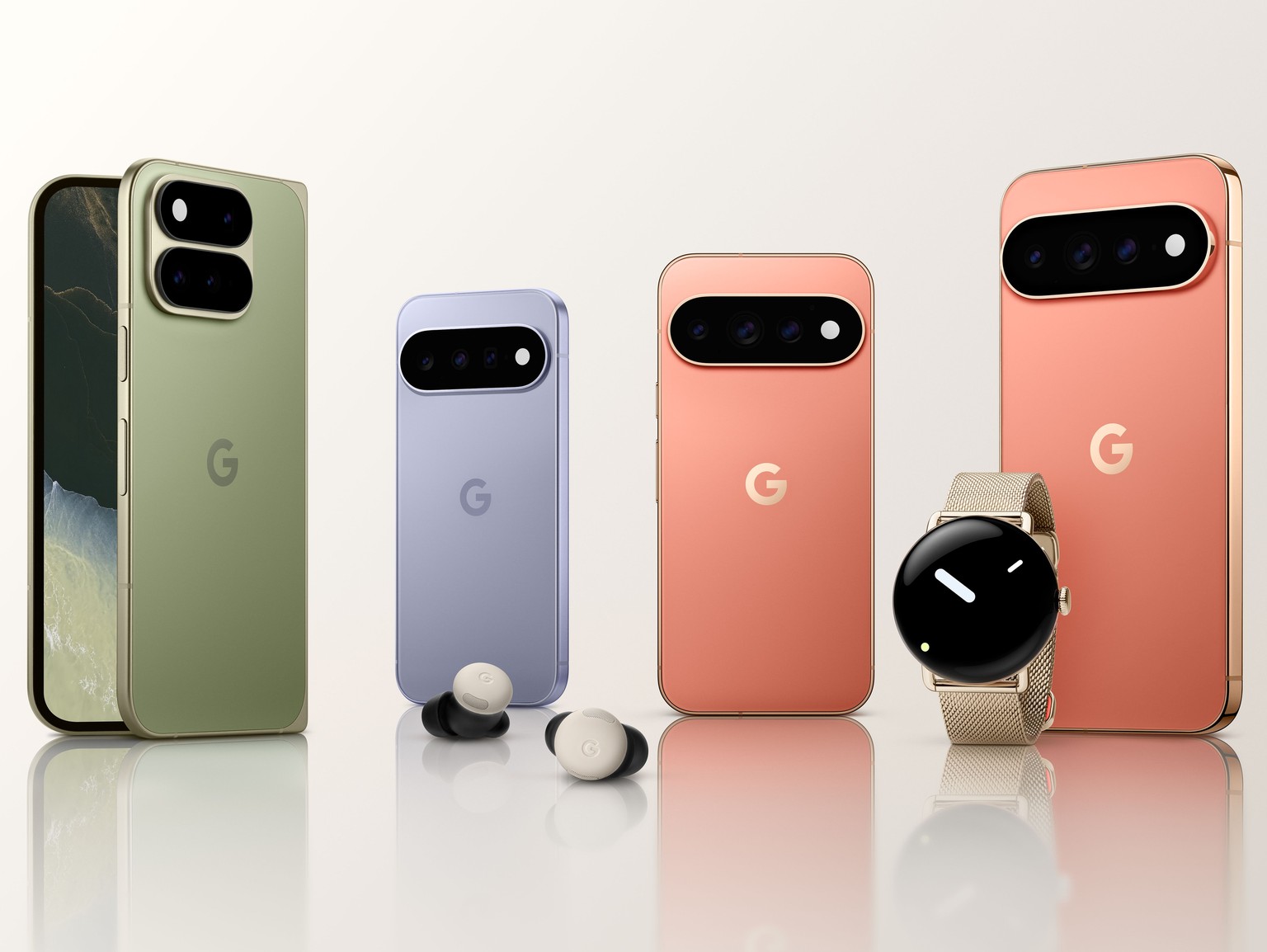 This image provided by Google in August 2026 shows its lineup of Pixel 11 phones, the Pixel Watch 5 and ear buds. (Google via AP)
Google-Pixel