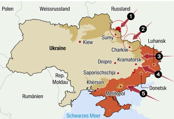 Legende: 1: Unterstützungsoffensive an der Nordachse, 2: Operation Charkiw, 3: Hauptoffensive Ost-Ukraine, 4: Einnahme der Oblasten Donetsk und Luhansk, 5: Unterstützungsoffensive an der Südachse.