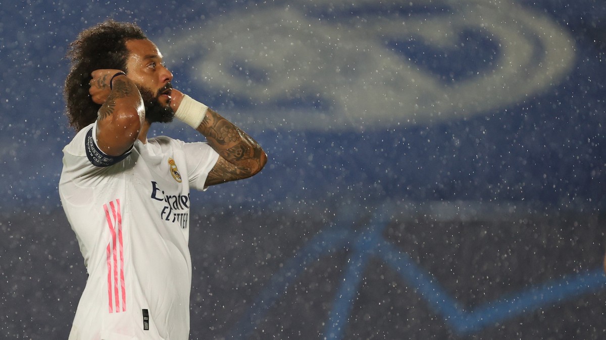 epa09164172 Madrid's Marcelo reacts during the UEFA Champions League semifinal first leg soccer match between Real Madrid CF and Chelsea FC at Alfredo Di Stefano stadium in Madrid, Spain, 27 Apri ...