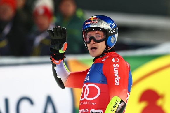 epa12686107 Marco Odermatt of Switzerland reacts at the finish area after the second round of Men's Giant Slalom race at the FIS Alpine Skiing World Cup in Schladming, Austria, 27 January 2026. E ...