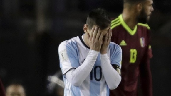 Argentina&#039;s Lionel Messi reacts during a 2018 World Cup qualifying soccer match against Venezuela in Buenos Aires, Argentina, Tuesday, Sept. 5, 2017 (AP Photo/Victor R. Caivano)