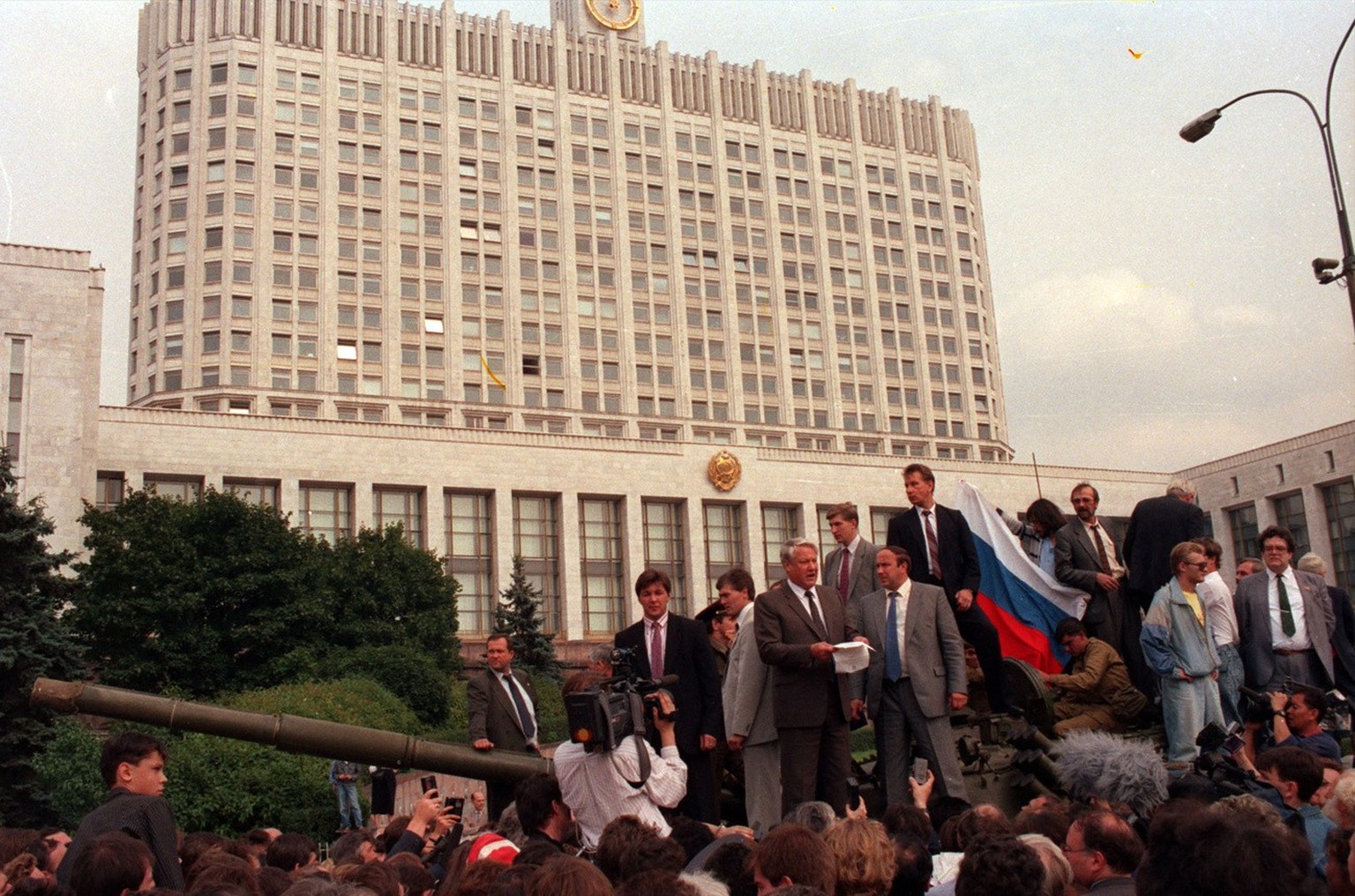 Boris Yeltsin makes a speech from atop a tank in front of the Russian Parliment in this August 19, 1991 photo. Yeltsin, who engineered the final collapse of the Soviet Union and pushed Russia to embra ...
