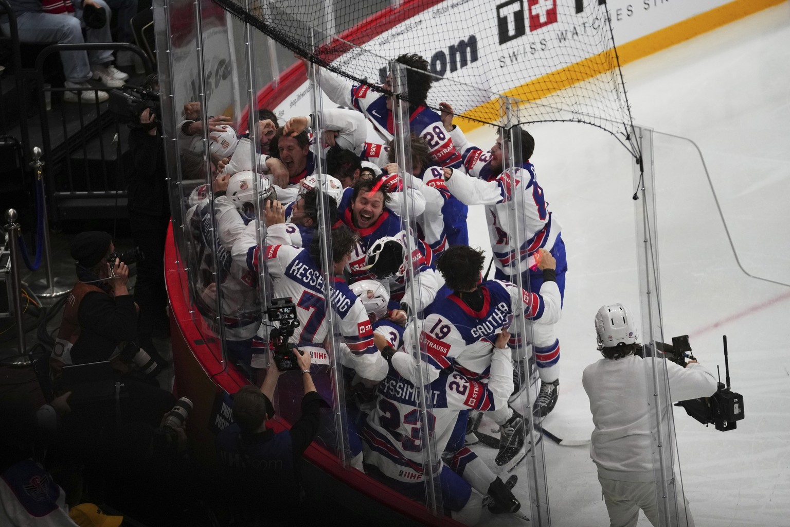 Team USA celebrates after winning the final match between United States and Switzerland at the ice hockey world championships in Stockholm, Sweden, Sunday, May 25, 2025. (AP Photo/Petr David Josek)
Sw ...