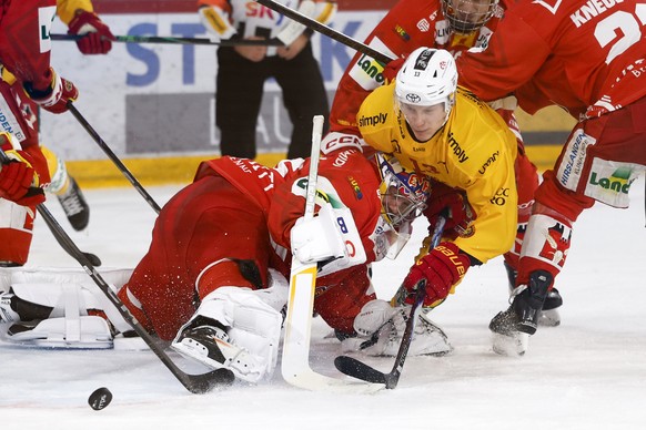 Torhueter Harri Saeteri (EHCB) und Oskars Lapinskis (SCL) in Aktion im Eishockey Meisterschaftsspiel der National League zwischen dem EHC Biel und den SCL Tigers, am Freitag, 21. November 2025, in der ...