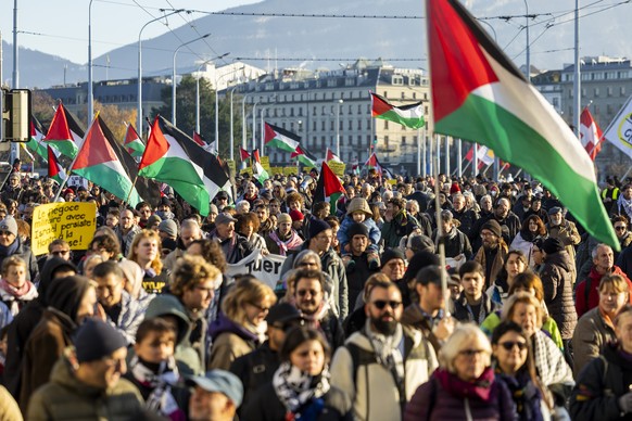 epa12557493 People wave Palestinian flags and hold placards as they participate in a rally in support of the Palestinian people during the &#039;International Day of Solidarity with the Palestinian Pe ...