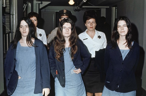 FILE - This March 29, 1971, file photo shows three female defendants in the Manson murder trial, from left, Susan Atkins, Patricia Krenwinkel and Leslie Van Houten. All three, plus Charles Manson, wer ...