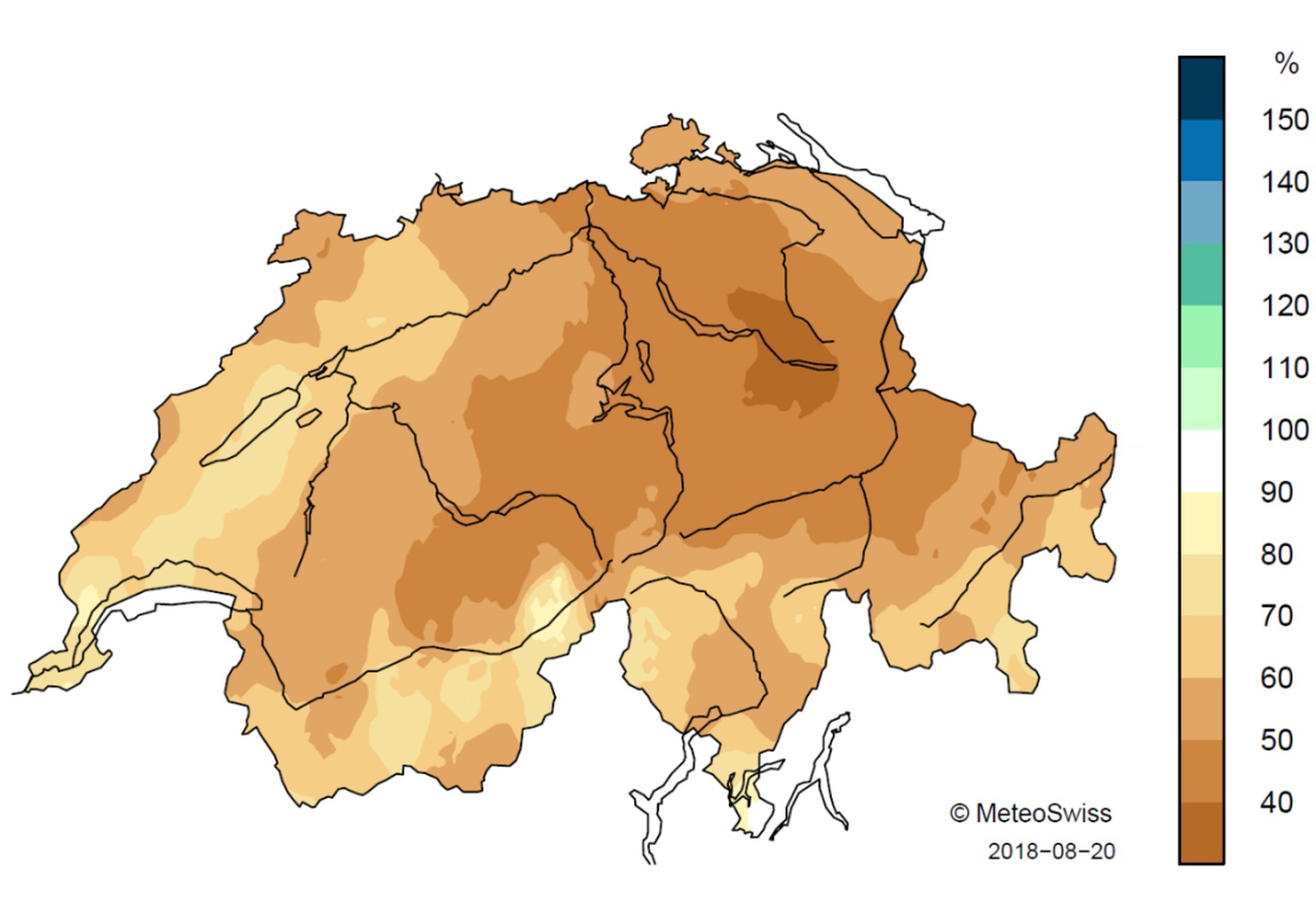Das Niederschlagsdefizit in der Schweiz von April bis August 2018. Die Karte zeigt das Verhältnis zur Norm 1981‒2010 in Prozent (Stand 19.08.2018).