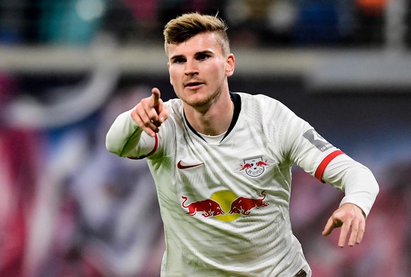 epa08020292 Leipzig&#039;s Timo Werner celebrates after scores during the German Bundesliga soccer match between 1. RB Leipzig vs FC Koeln in Leipzig , Germany, 23 November 2019. EPA/FILIP SINGER COND ...