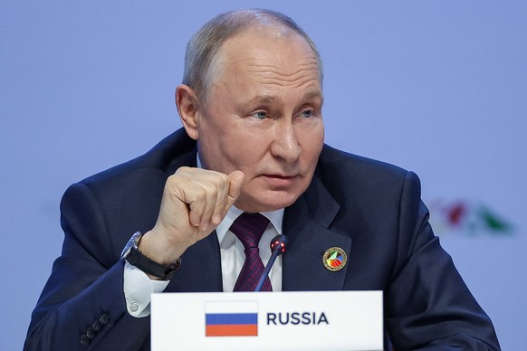 Russia&#039;s President Vladimir Putin makes closing remarks at the second plenary session of the Russia Africa Summit in St. Petersburg, Russia, Friday, July 28, 2023. (Donat Sorokin/TASS Host Photo  ...
