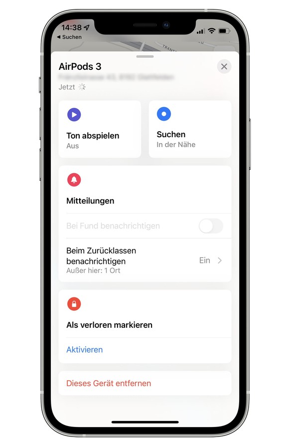 «Beim Zurücklassen benachrichtigen» lässt sich in den Einstellungen für Zuhause und andere sichere Orte deaktivieren. Und man kann die Ohrhörer in Bluetooth-Reichweite finden, indem sie einen Piepston ...