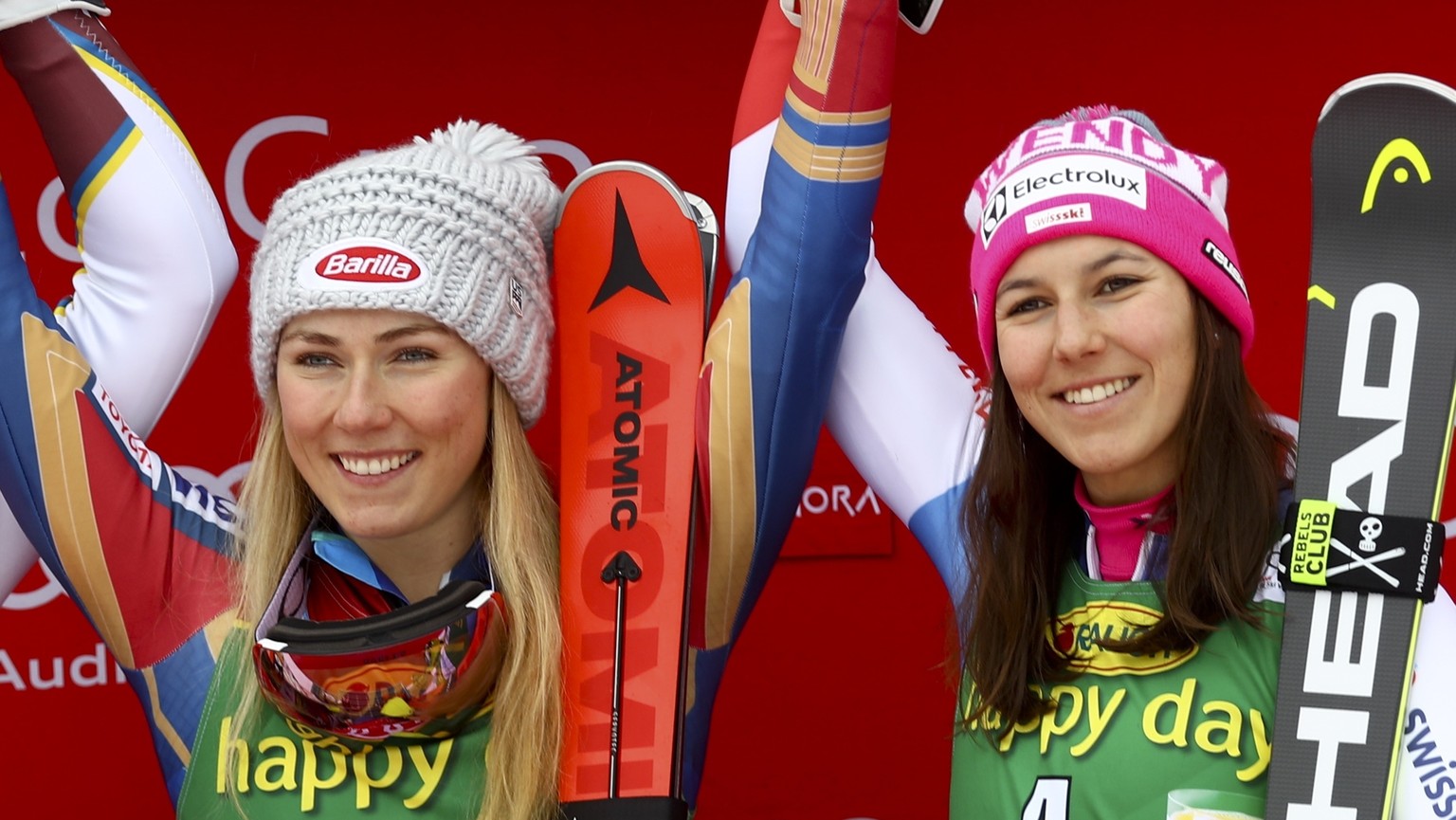 United States&#039; Mikaela Shiffrin, center, winner of an alpine ski, women&#039;s World Cup slalom, poses with second placed Sweden&#039;s Frida Hansdotter, left, and third placed Switzerland&#039;s ...