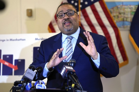 FILE - Manhattan District Attorney Alvin Bragg gestures while speaking during a news conference Feb. 22, 2024, in New York. As he prepares to bring the first of Donald Trump&#039;s four criminal prose ...