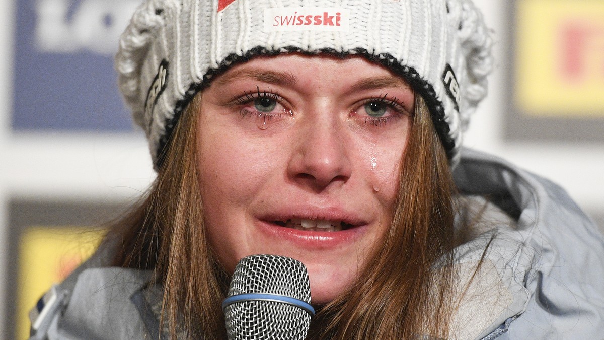 epa07345418 Corinne Suter of Switzerland reacts during a press conference after taking the third place in the women's Super G race at the FIS Alpine Skiing World Championships in Are, Sweden, 05  ...