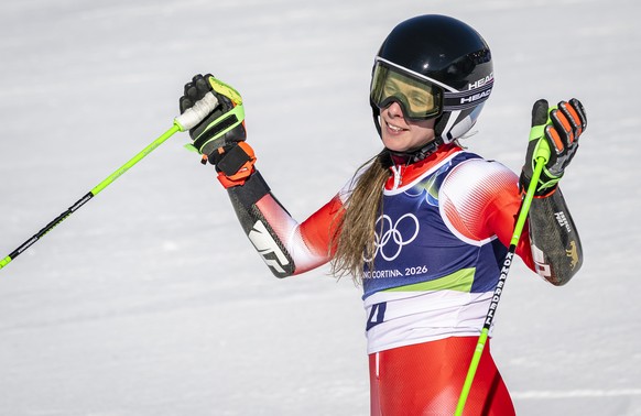 KEYPIX - Camille Rast of Switzerland reacts in the finish area during the women's alpine skiing second run of the giant slalom race at the 2026 Olympic Winter Games at the Tofane Alpine Skiing ce ...