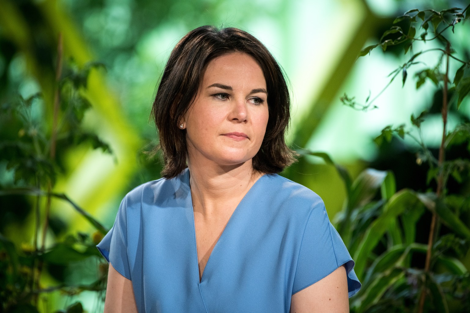 epa09266941 Annalena Baerbock, co-head of the German Greens Party, attends the virtual federal party congress in Berlin, Germany, 13 June 2021. During the three-day event delegates voted to confirm co ...