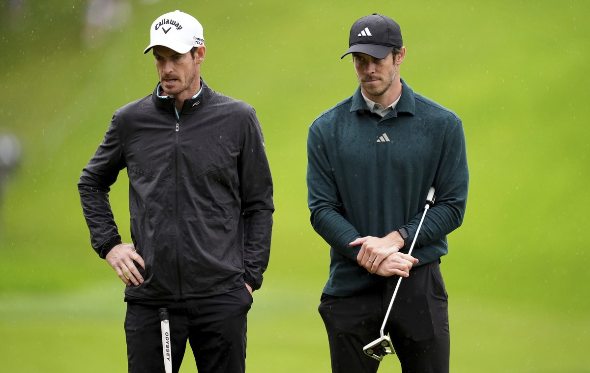Andy Murray, left, and Gareth Bale stand next to each other during a Pro-AM round ahead of the 2025 BMW PGA Championship at Wentworth Golf Club in Virginia Water, Surrey, England, Wednesday Sept. 10,  ...
