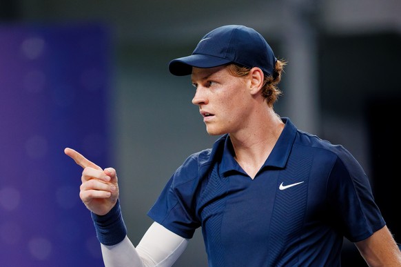 epa12432897 Jannik Sinner of Italy reacts during his Men&#039;s Singles match against Tallon Griekspoor of Netherlands at the Shanghai Masters tennis tournament in Shanghai, China, 05 October 2025. EP ...