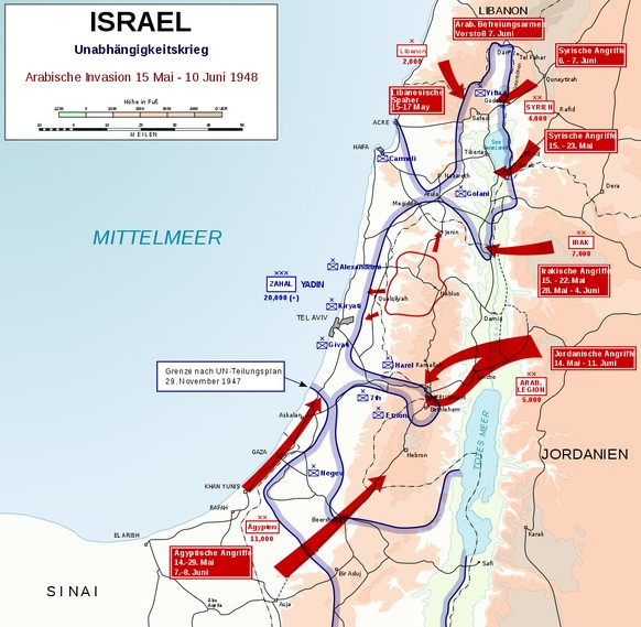 Karte der arabischen Offensiven gegen Israel vom 15. Mai bis 10. Juni 1948
https://de.wikipedia.org/wiki/Pal%C3%A4stinakrieg#/media/Datei:1948_Arab_Israeli_War_-_May_15-June_10_de.svg