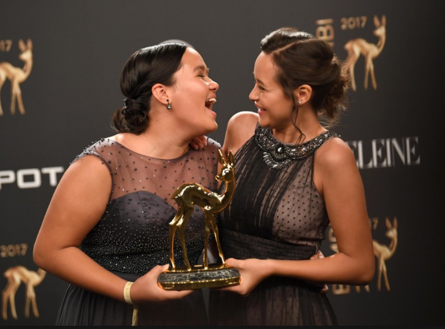 Balinese sisters and activists Melati and Isabel Wijsen pose with their &#039;Our World&#039; award at the 69th annual Bambi awards ceremony in Berlin, Germany, 16 November 2017. The awards recognize  ...