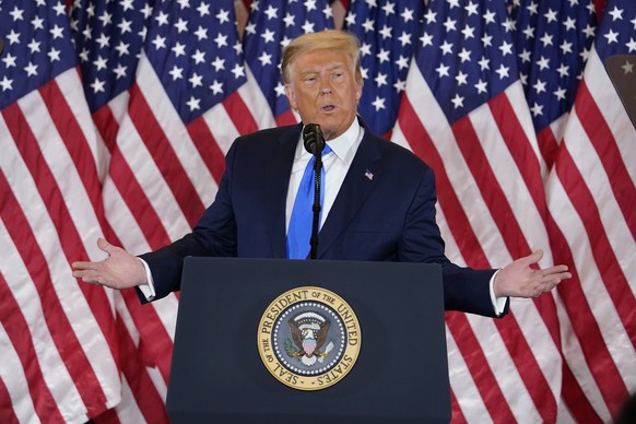 FILE - President Donald Trump speaks in the East Room of the White House, early Wednesday, Nov. 4, 2020, in Washington. (AP Photo/Evan Vucci, File)
Donald Trump