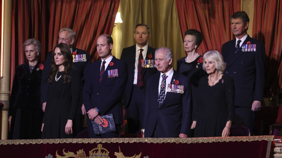 From left, Britain's Birgitte, Duchess of Gloucester, Kate, Princess of Wales, Prince William, King Charles III, Princess Anne, Queen Camilla and Vice Admiral Timothy Laurence attend The Royal Br ...