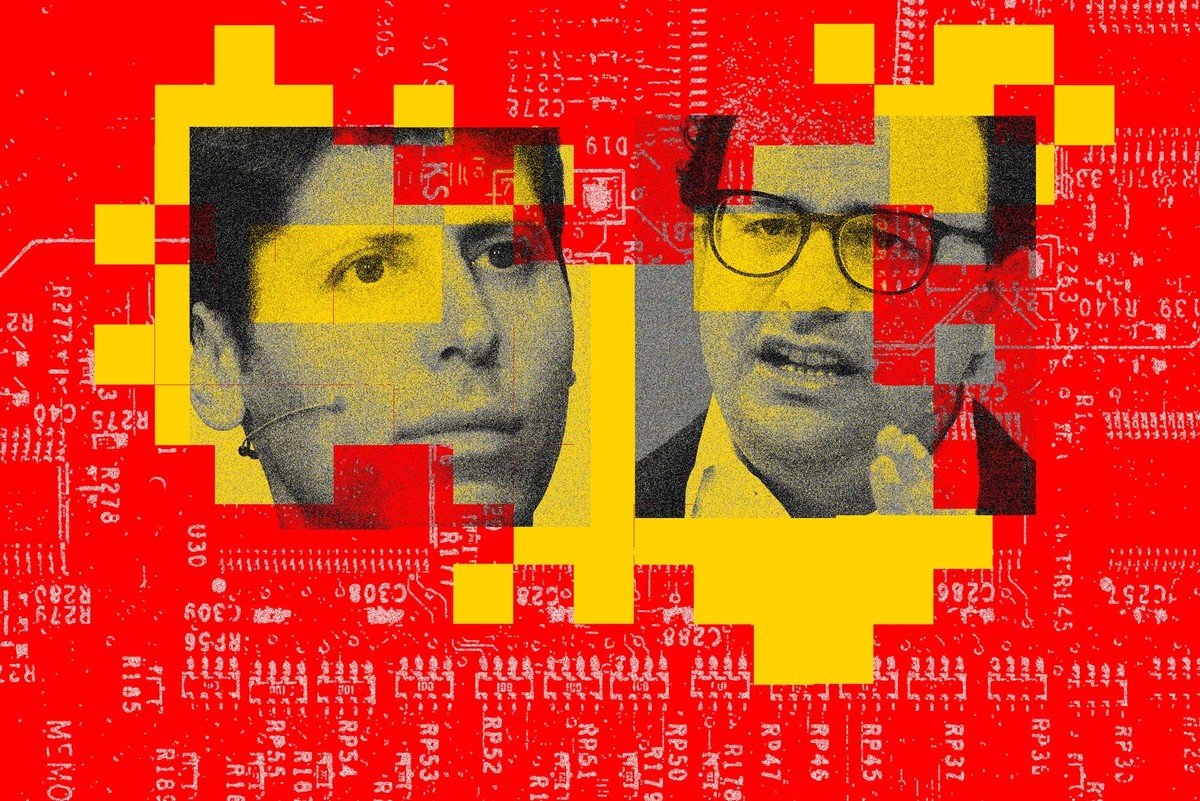 Das Bild zeigt Antropic Chef Dario Amodei und CEO Sam Altman vor einem Mainboard auf dem eine Karte von China suggeriert wird.