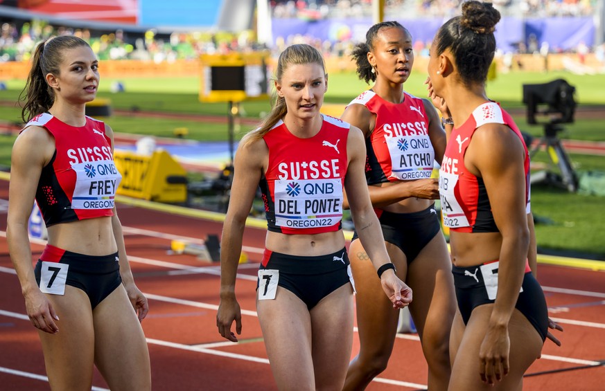 Geraldine Frey, Ajla Del Ponte, Sarah Atcho and Salome Kora of Switzerland react for the women&#039;s 4x100 meters relay qualification during the IAAF World Athletics Championships, at the Hayward Fie ...