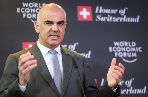 Switzerland&#039;s President Alain Berset speaks during a press conference at the House of Switzerland, HoS, on the sideline of the 53rd annual meeting of the World Economic Forum, WEF, in Davos, Swit ...