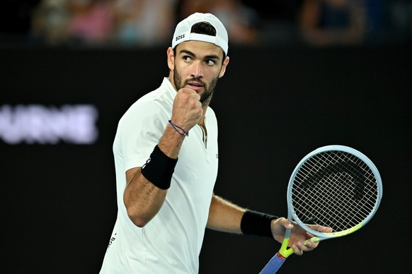 epa09713720 Matteo Berrettini of Italy plays Rafael Nadal of Spain in their semi final match at the Australian Open Grand Slam tennis tournament at Melbourne Park, in Melbourne, Australia, 28 January  ...