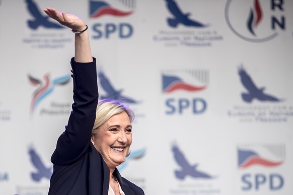 epa07528068 French Marine Le Pen, president of the Rassemblement National (RN) far-right party attends the MENF (Movement for a Europe of Nations and Freedom) public meeting in Prague, Czech Republic, ...