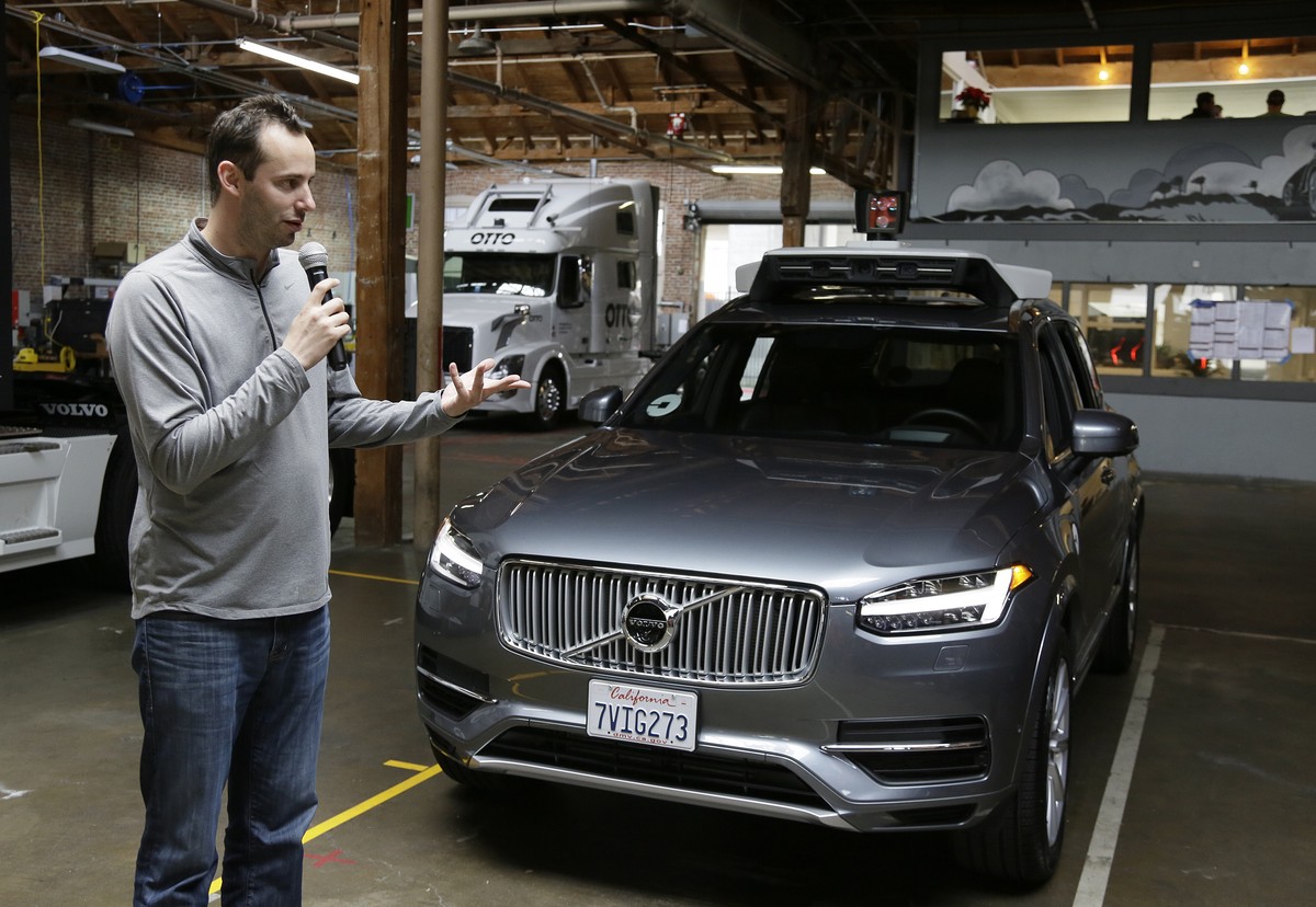 FILE - In this Dec. 13, 2016, file photo, Anthony Levandowski, head of Uber's self-driving program, speaks about their driverless car in San Francisco. Uber has followed through on threats to fir ...