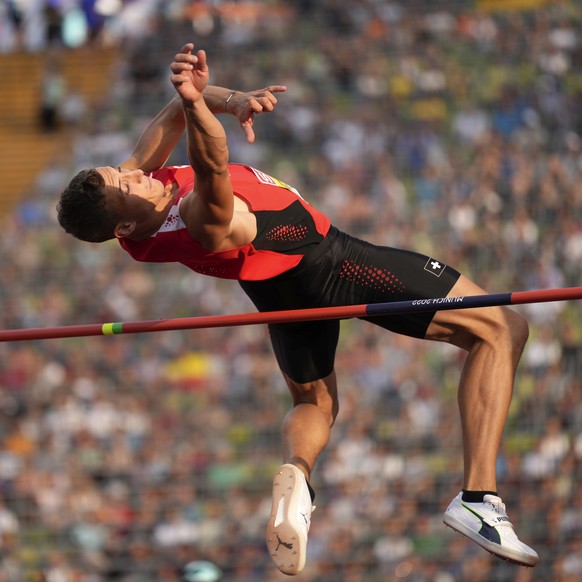 Simon Ehammer, of Switzerland, makes an attempt in the Men&#039;s decathlon high jump during the athletics competition in the Olympic Stadium at the European Championships in Munich, Germany, Monday,  ...