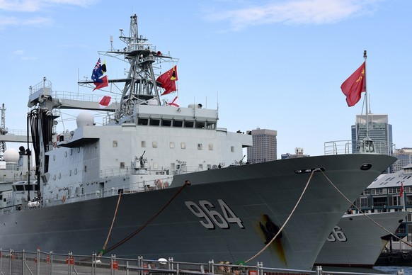 epa07621420 The Australian and Chinese flags are seen onboard the Luoma Lake (936) Fuchi II Class replenishment ship of the People&#039;s Liberation Army Navy, after it arrives at Garden Island Naval  ...