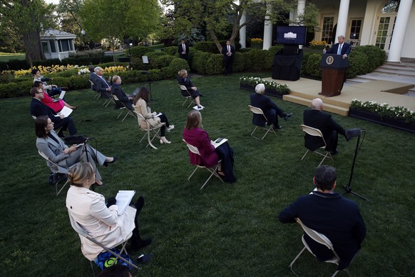 President Donald Trump speaks about the coronavirus in the Rose Garden of the White House, Wednesday, April 15, 2020, in Washington. (AP Photo/Alex Brandon)
Donald Trump