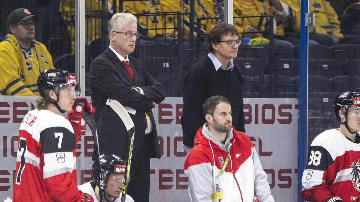 220514 Head coach Roger Bader and assistant coach Arno Del Curto of Austria during the 2022 IIHF Ice hockey, Eishockey World Championship, WM, Weltmeisterschaft game between Sweden and Austria on May  ...