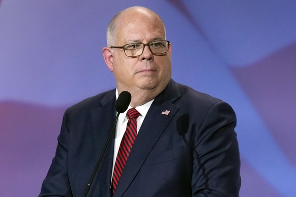 FILE - Maryland Gov. Larry Hogan speaks at an annual leadership meeting of the Republican Jewish Coalition on Nov. 18, 2022, in Las Vegas. Former Republican Gov. Larry Hogan said Sunday, March 5, 2023 ...