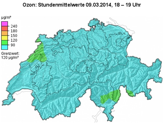 Aktuelle Ozonbelastung in der Schweiz.