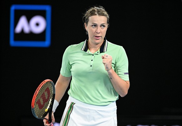 epa09701818 Anastasia Pavlyuchenkova of Russia reacts during her third round match against Sorana Cirstea of Romania on Day 6 of the Australian Open, at Melbourne Park, in Melbourne, Australia, 22 Jan ...