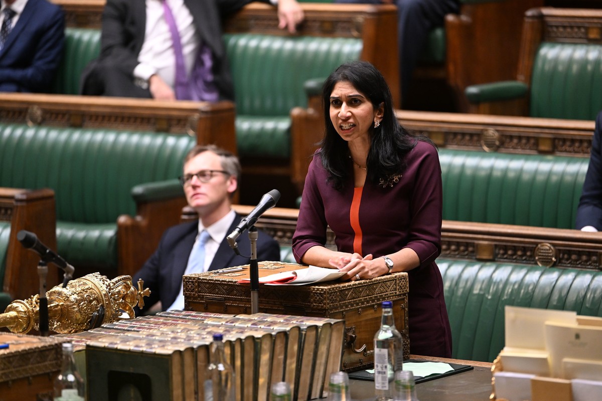 Britain's Home Secretary Suella Braverman speaks in the House of Commons in London, Monday Dec. 19, 2022. Britain's High Court ruled Monday that a plan to send asylum-seekers on a one-way tr ...