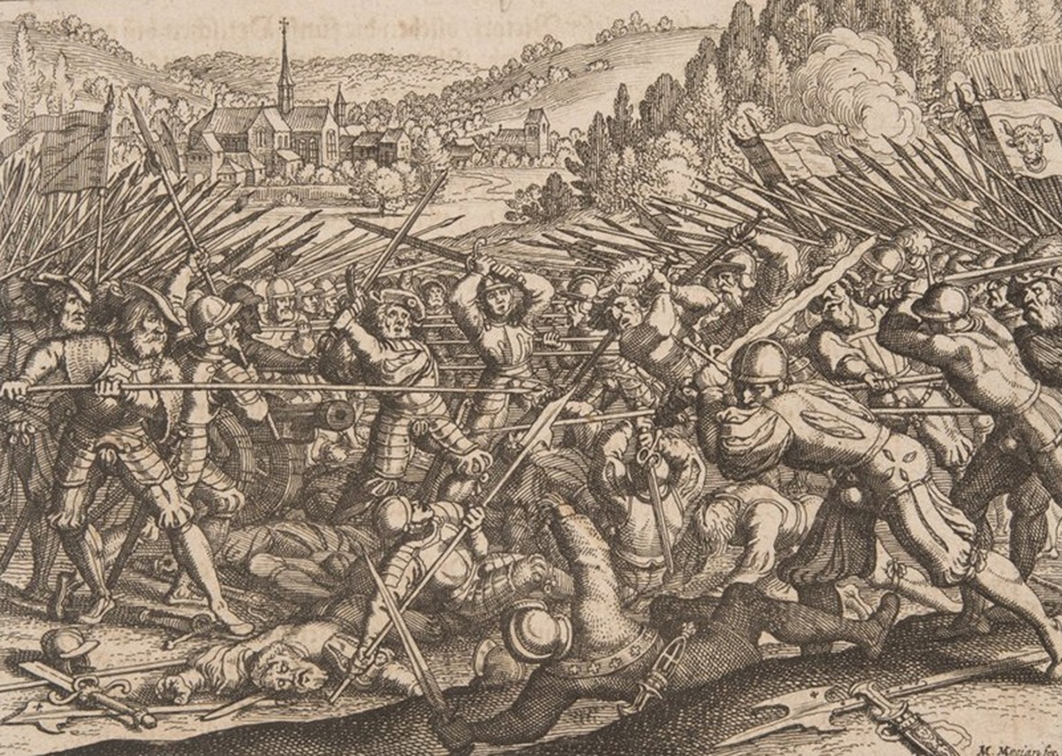 The Battle of Kappel from 1531 in an engraving by Matthäus the Elder.  Merian (1593 - 1650).  The work originated in the 17th century.