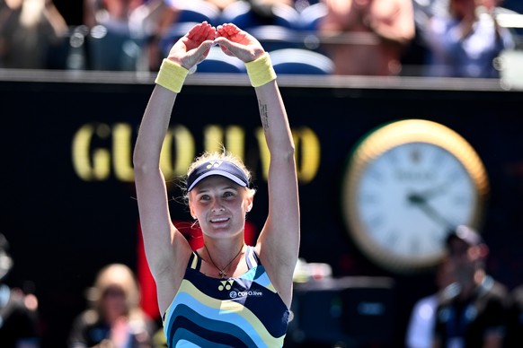 epa11095242 Dayana Yastremska of Ukraine celebrates during her 4th round win against Victoria Azarenka of Belarus on Day 9 of the 2024 Australian Open at Melbourne Park in Melbourne, Australia, 22 Jan ...