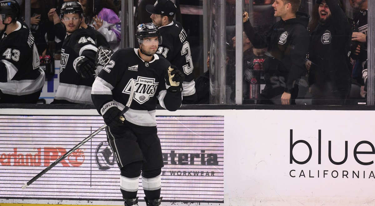 Los Angeles Kings left wing Kevin Fiala gestures after scoring a goal during the third period of an NHL hockey game against the Colorado Avalanche, Saturday, April 12, 2025, in Los Angeles. (AP Photo/ ...