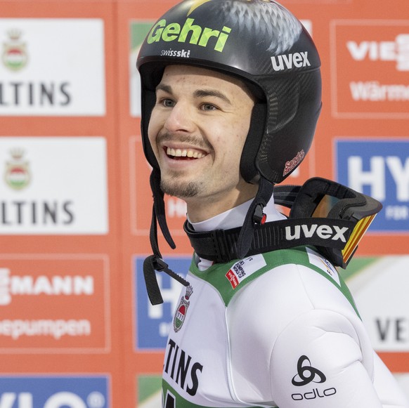 Sandro Hauswirth of Switzerland reacts during a Training at the men's FIS Ski Jumping World Cup competition at the Gross-Titlis Schanze on Friday December 19, 2025 in Engelberg, Switzerland. (KEY ...