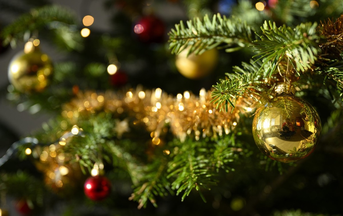 Des boules et une guirlande de Noel decorent un sapin de Noel ce samedi 23 decembre 2023 a Daillens. (KEYSTONE/Laurent Gillieron)