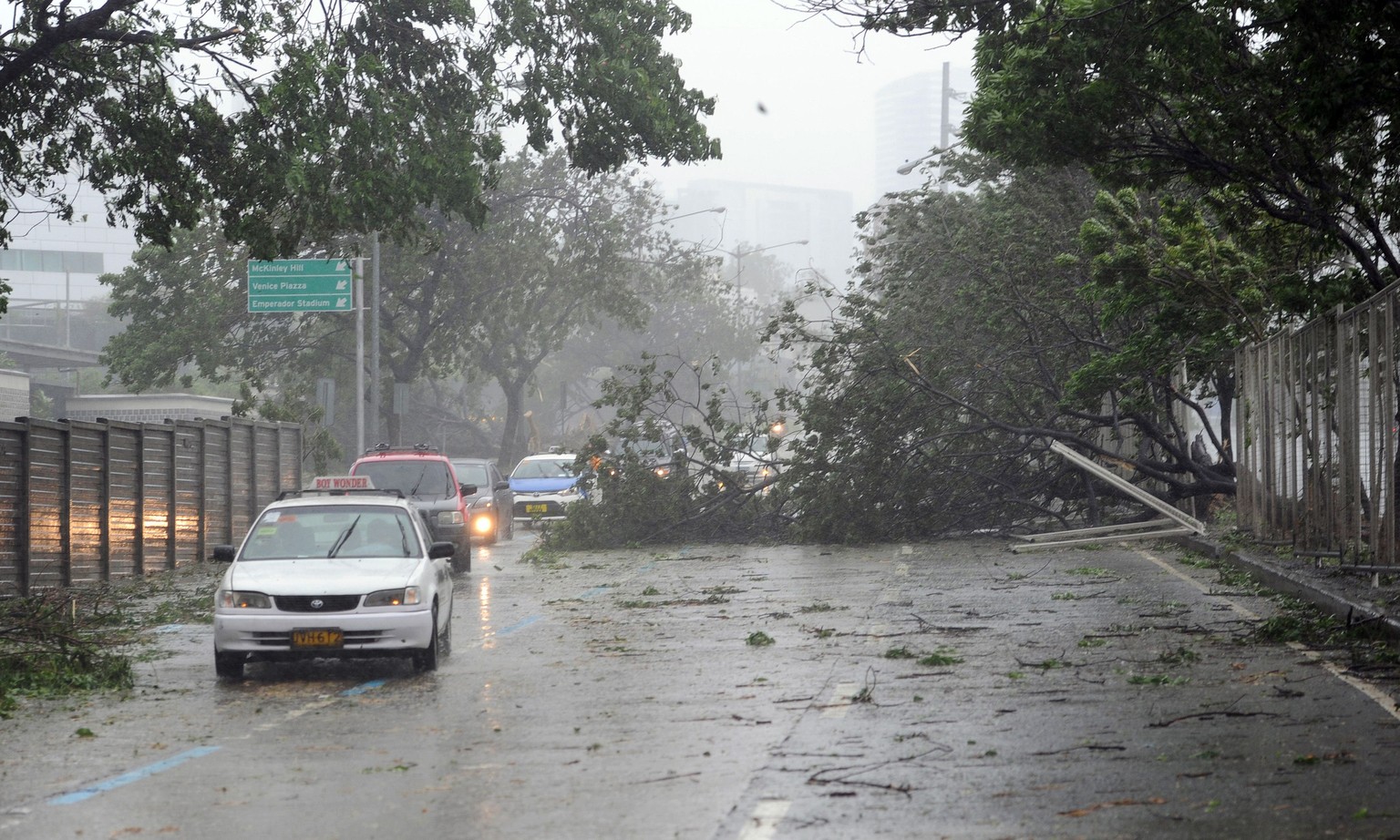 Beinahe blockiert: Ein Baum knickt auf die Strasse in Manila